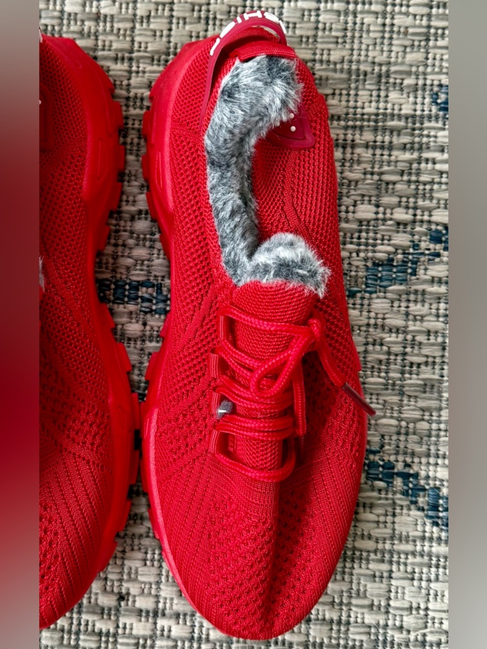 Fleece Lined Sneakers Size 8.5 in Bright Red with Faux Fur Trim - Picture 2 of 6